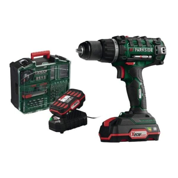 Trapano 20V con 2 batterie, caricabatterie e accessori